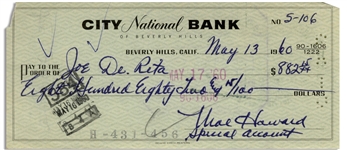 Moe Howard Check Signed to Joe DeRita -- Endorsed by DeRita on Verso -- Dated 13 May 1960 -- Very Good Condition
